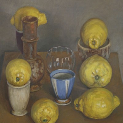 LIMONES COPA AZUL · Óleo sobre lienzo · 55x46cm · 2001