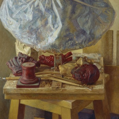 BODEGÓN ESCULTÓRICO CON CERAS · Óleo sobre lienzo · 54x65cm · 1996